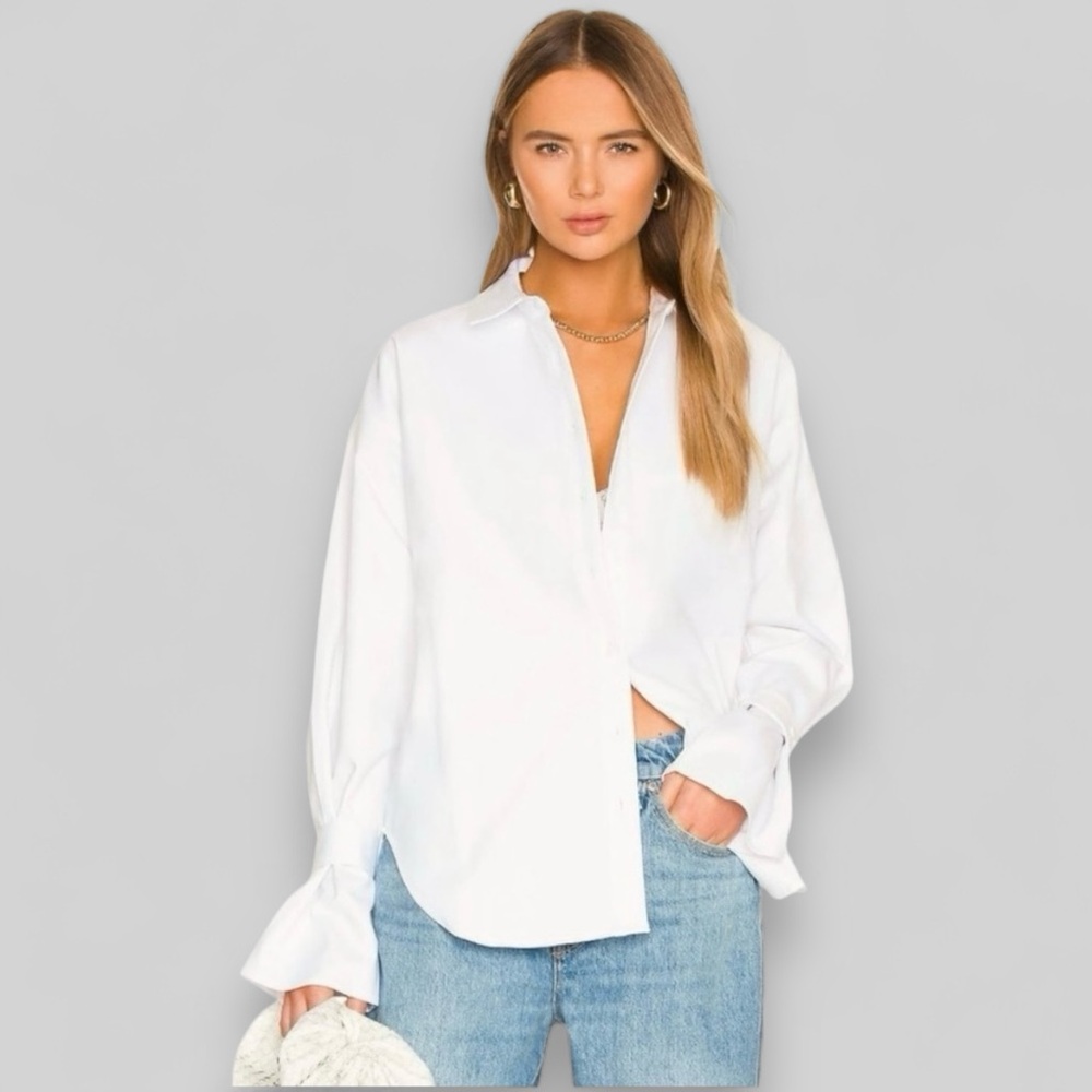 Good American Tabbed Poplin Shirt Sz 3/4 White Shacket Oversized Optional Cuffs